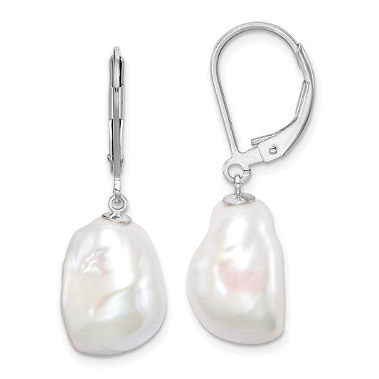 QE15197 Sterling Silver Rhodium-plated 11-12mm White Keshi Freshwater Cultured Pearl Leverback Dangle Earrings