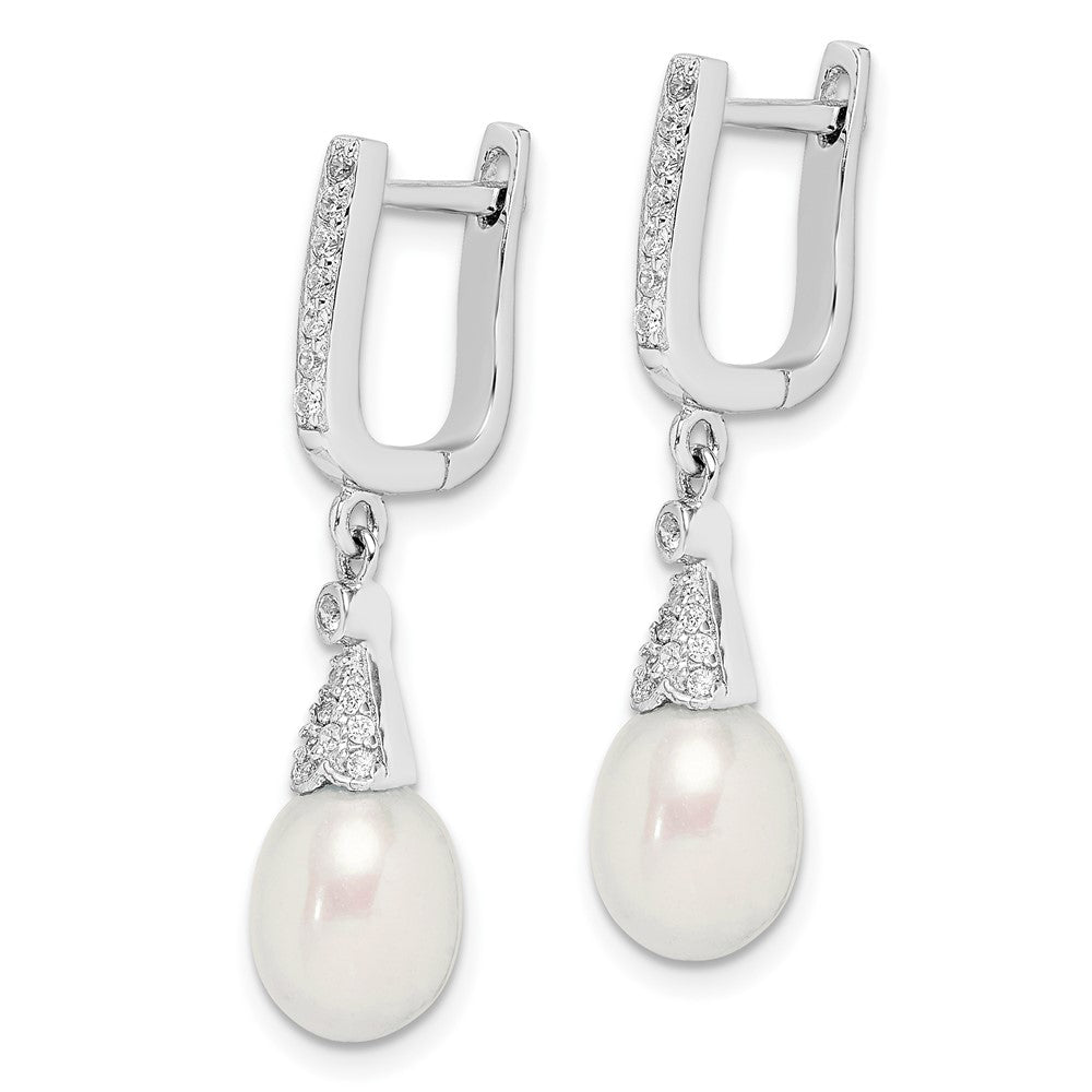 QE15200 Sterling Silver Rhodium-plated 7-8mm White Rice Freshwater Cultured Pearl and CZ Dangle Leverback Earrings