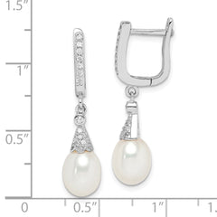 QE15200 Sterling Silver Rhodium-plated 7-8mm White Rice Freshwater Cultured Pearl and CZ Dangle Leverback Earrings