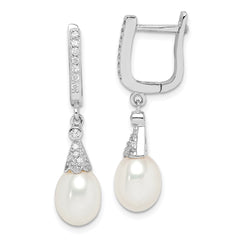 QE15200 Sterling Silver Rhodium-plated 7-8mm White Rice Freshwater Cultured Pearl and CZ Dangle Leverback Earrings