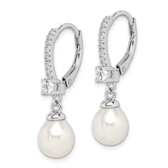 QE15201 Sterling Silver Rhodium-plated 7-8mm White Teardrop Freshwater Cultured Pearl and CZ Leverback Dangle Earrings