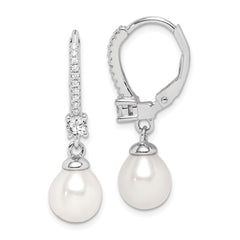 QE15201 Sterling Silver Rhodium-plated 7-8mm White Teardrop Freshwater Cultured Pearl and CZ Leverback Dangle Earrings