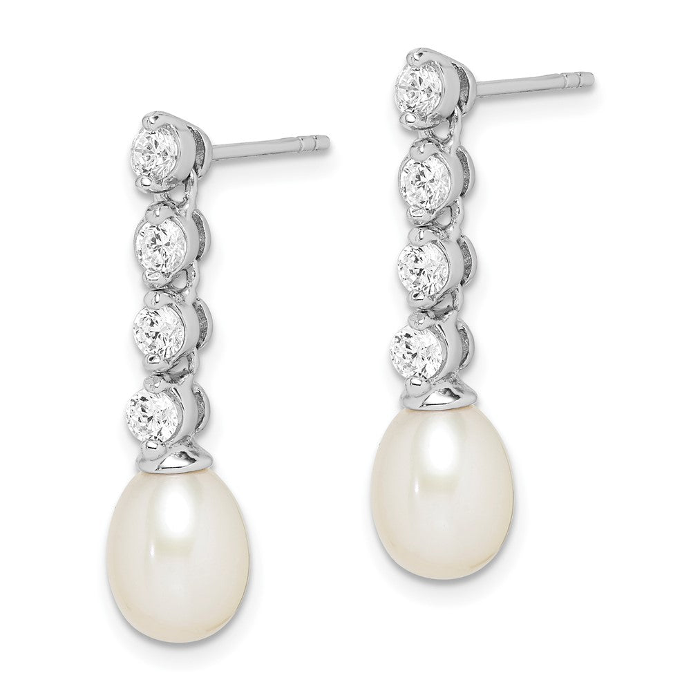 QE15202 Sterling Silver Rhodium-plated 7-8mm White Rice Freshwater Cultured Pearl and CZ Post Dangle Earrings