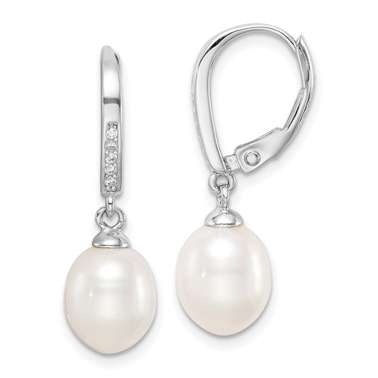 QE15205 Sterling Silver Rhodium-plated 7-8mm White Teardrop Freshwater Cultured Pearl and CZ Leverback Dangle Earrings