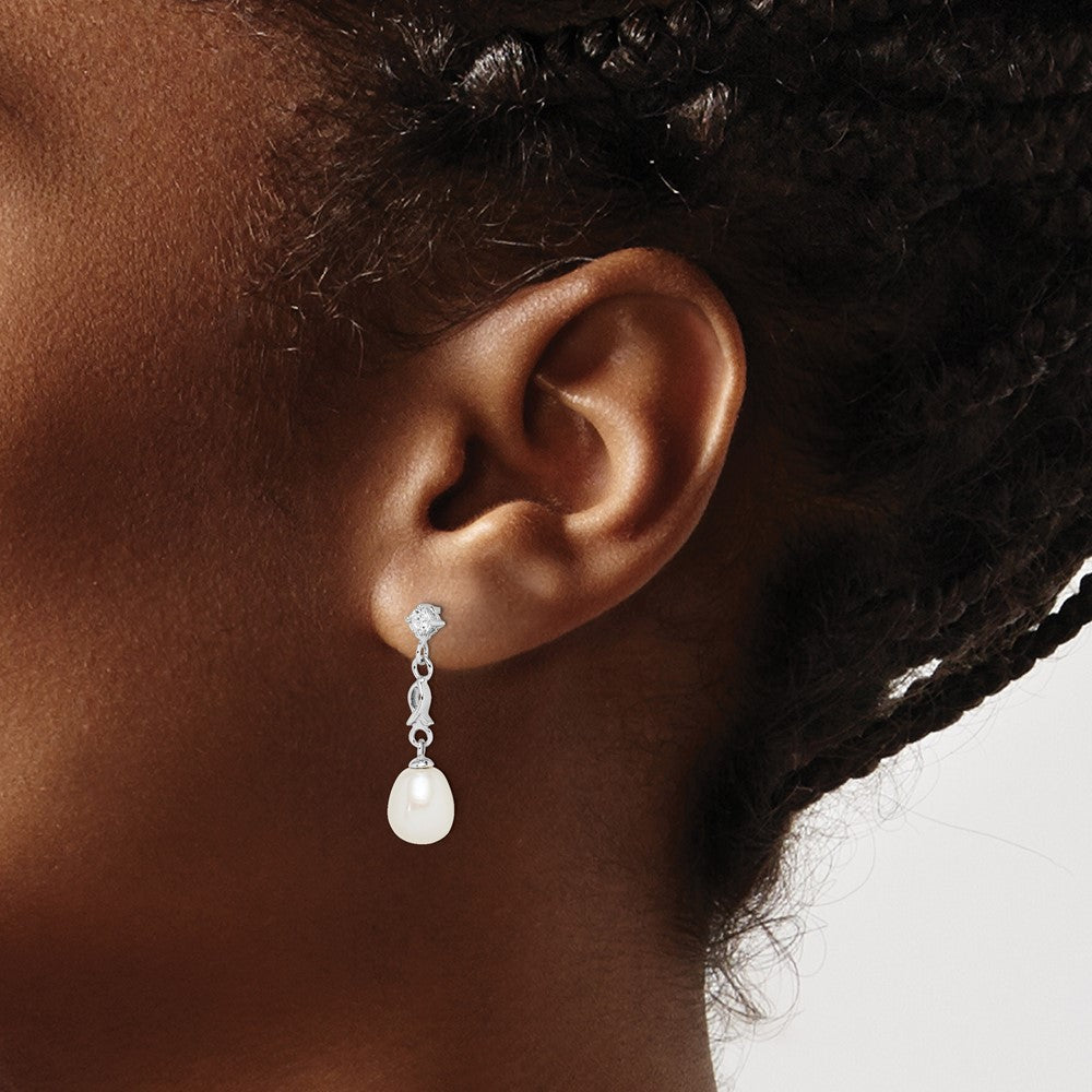 QE15209 Sterling Silver Rhodium-plated 7-8mm White Rice Freshwater Cultured Pearl and CZ Post Dangle Earrings