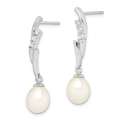 QE15210 Sterling Silver Rhodium-plated 7-8mm White Rice Freshwater Cultured Pearl and CZ Post Dangle Earrings
