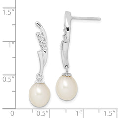 QE15210 Sterling Silver Rhodium-plated 7-8mm White Rice Freshwater Cultured Pearl and CZ Post Dangle Earrings