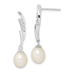 QE15210 Sterling Silver Rhodium-plated 7-8mm White Rice Freshwater Cultured Pearl and CZ Post Dangle Earrings