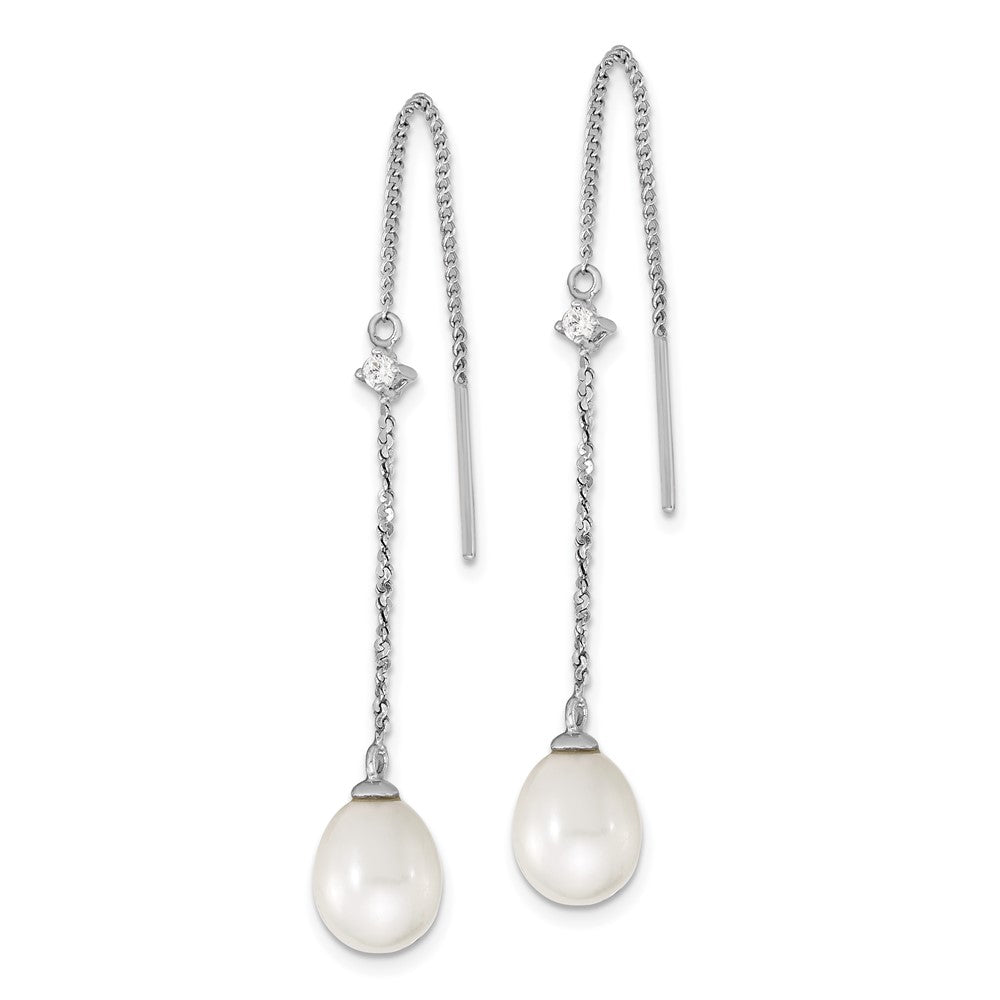 QE15211 Sterling Silver Rhodium-plated 7-8mm White Teardrop Freshwater Cultured Pearl and CZ Threader Earrings