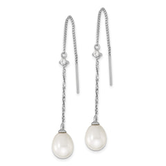 QE15211 Sterling Silver Rhodium-plated 7-8mm White Teardrop Freshwater Cultured Pearl and CZ Threader Earrings