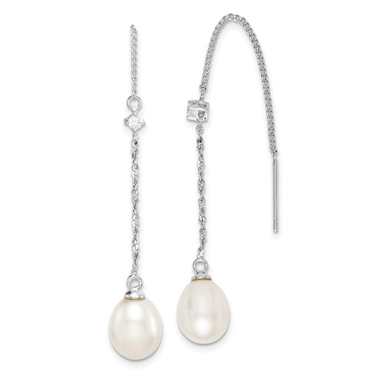 QE15211 Sterling Silver Rhodium-plated 7-8mm White Teardrop Freshwater Cultured Pearl and CZ Threader Earrings