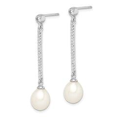 QE15212 Sterling Silver Rhodium-plated 8-9mm White Rice Freshwater Cultured Pearl and CZ Post Dangle Earrings