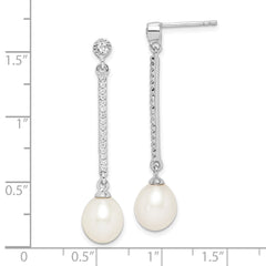 QE15212 Sterling Silver Rhodium-plated 8-9mm White Rice Freshwater Cultured Pearl and CZ Post Dangle Earrings
