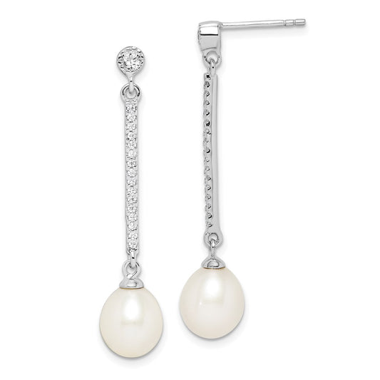 QE15212 Sterling Silver Rhodium-plated 8-9mm White Rice Freshwater Cultured Pearl and CZ Post Dangle Earrings