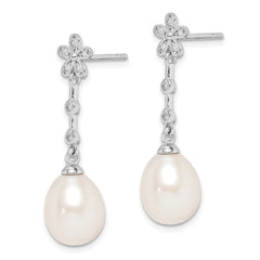 QE15213 Sterling Silver Rhodium-plated 8-9mm White Rice Freshwater Cultured Pearl and CZ Flower Post Dangle Earrings
