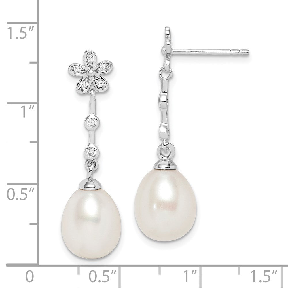 QE15213 Sterling Silver Rhodium-plated 8-9mm White Rice Freshwater Cultured Pearl and CZ Flower Post Dangle Earrings