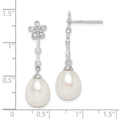 QE15213 Sterling Silver Rhodium-plated 8-9mm White Rice Freshwater Cultured Pearl and CZ Flower Post Dangle Earrings