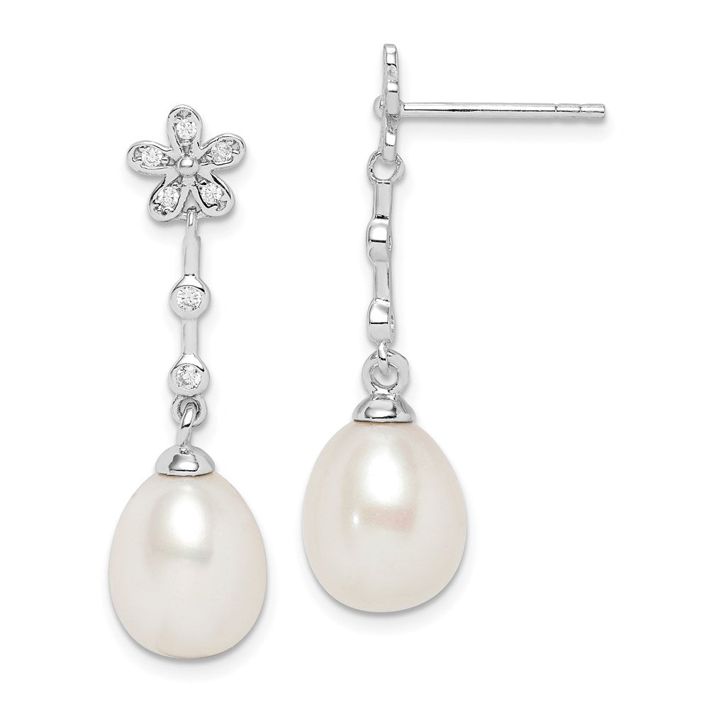 QE15213 Sterling Silver Rhodium-plated 8-9mm White Rice Freshwater Cultured Pearl and CZ Flower Post Dangle Earrings
