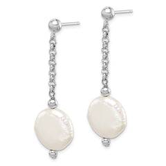 QE15215 Sterling Silver Rhodium-plated 12-13mm White Coin Freshwater Cultured Pearl Post Dangle Earrings