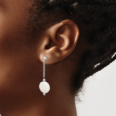 QE15215 Sterling Silver Rhodium-plated 12-13mm White Coin Freshwater Cultured Pearl Post Dangle Earrings