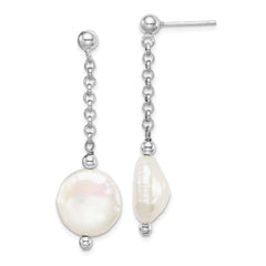 QE15215 Sterling Silver Rhodium-plated 12-13mm White Coin Freshwater Cultured Pearl Post Dangle Earrings
