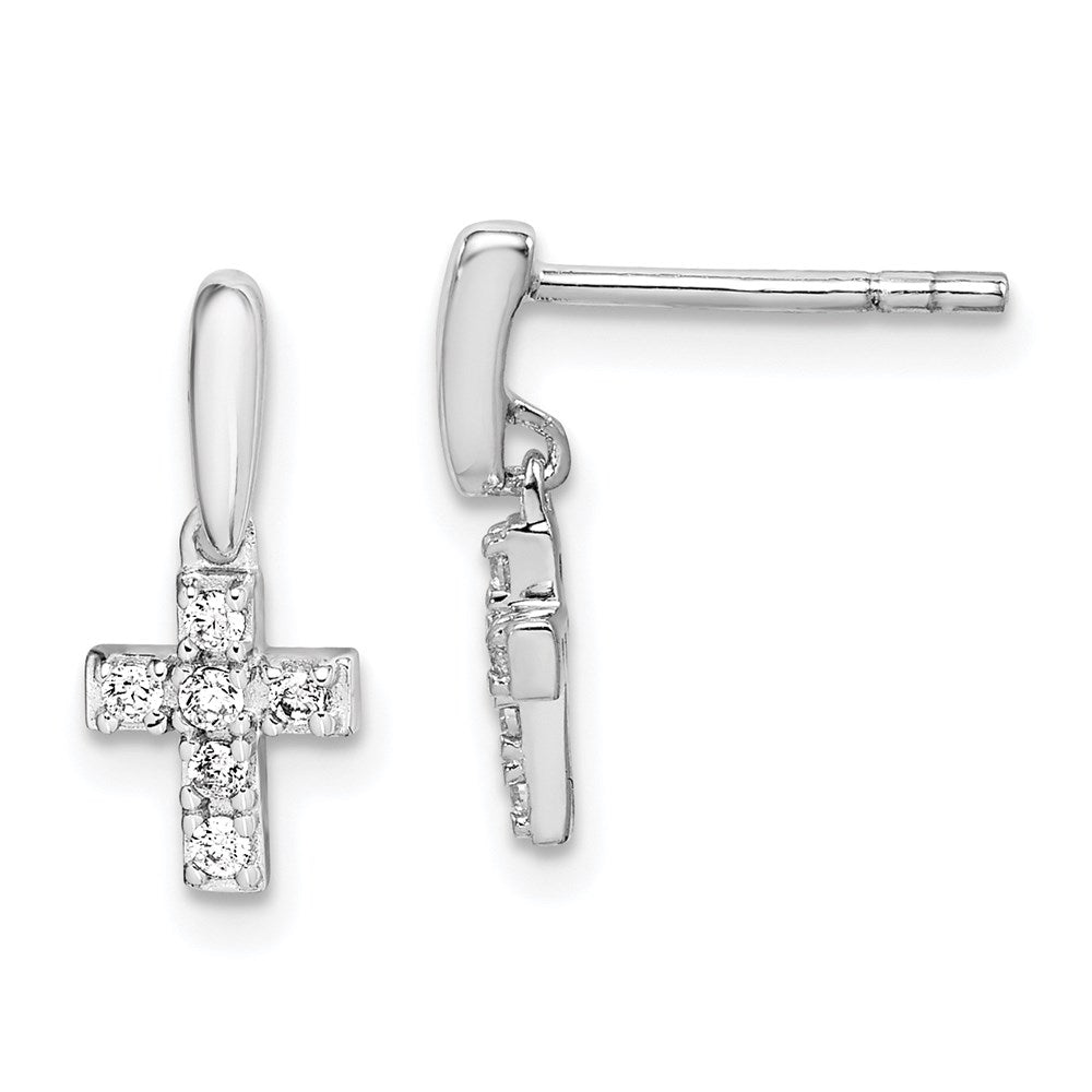 QE15231 Sterling Silver Rhodium-plated Polished CZ Cross Post Dangle Earrings