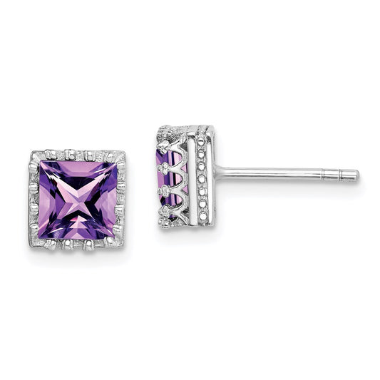 QE15238AM Sterling Silver Rhodium-plated 6mm Polished Amethyst Post Earrings