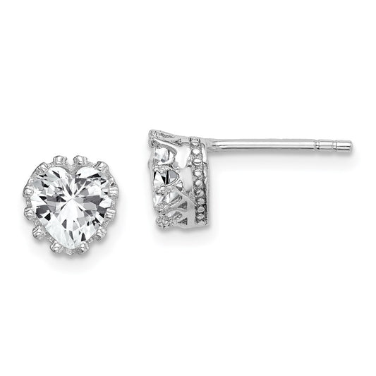 QE15239 Sterling Silver RH-plated Polished & Textured 6mm Heart CZ Stud Earrings