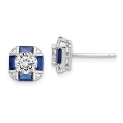 QE15241 Sterling Silver Rhodium-plated CZ and Lab Created Blue Spinel Earrings