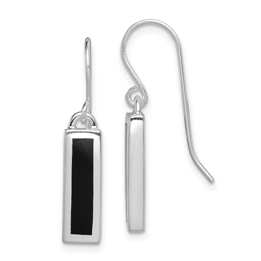 QE1524 Sterling Silver Rhodium-plated Polished Onyx Bar Dangle Earrings