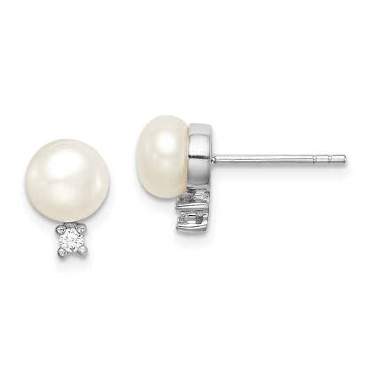 QE15258 Sterling Silver Rhodium-plated 6-7mm White Button Freshwater Cultured Pearl and CZ Post Earrings