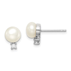 QE15258 Sterling Silver Rhodium-plated 6-7mm White Button Freshwater Cultured Pearl and CZ Post Earrings