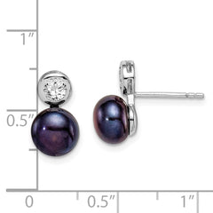 QE15259 Sterling Silver Rhodium-plated 7-8mm Black Button Freshwater Cultured Pearl and CZ Post Earrings