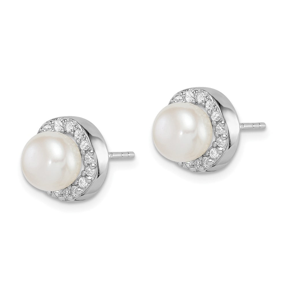 QE15262 Sterling Silver Rhodium-plated 7-8mm White Button Freshwater Cultured Pearl and CZ Post Earrings