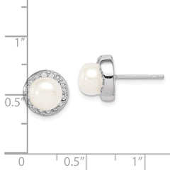 QE15262 Sterling Silver Rhodium-plated 7-8mm White Button Freshwater Cultured Pearl and CZ Post Earrings