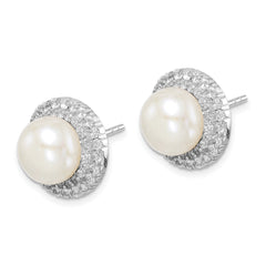 QE15263 Sterling Silver Rhodium-plated 8-9mm White Button Freshwater Cultured Pearl and CZ Post Earrings