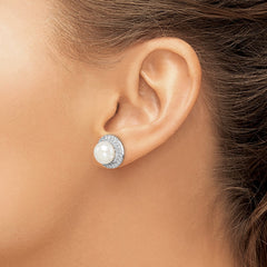 QE15263 Sterling Silver Rhodium-plated 8-9mm White Button Freshwater Cultured Pearl and CZ Post Earrings