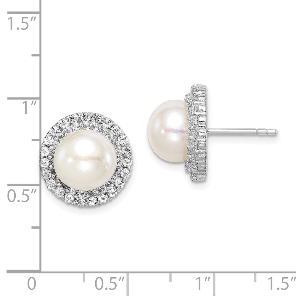 QE15263 Sterling Silver Rhodium-plated 8-9mm White Button Freshwater Cultured Pearl and CZ Post Earrings