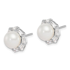 QE15267 Sterling Silver Rhodium-plated 8-9mm White Button Freshwater Cultured Pearl and CZ Post Earrings