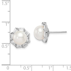 QE15267 Sterling Silver Rhodium-plated 8-9mm White Button Freshwater Cultured Pearl and CZ Post Earrings