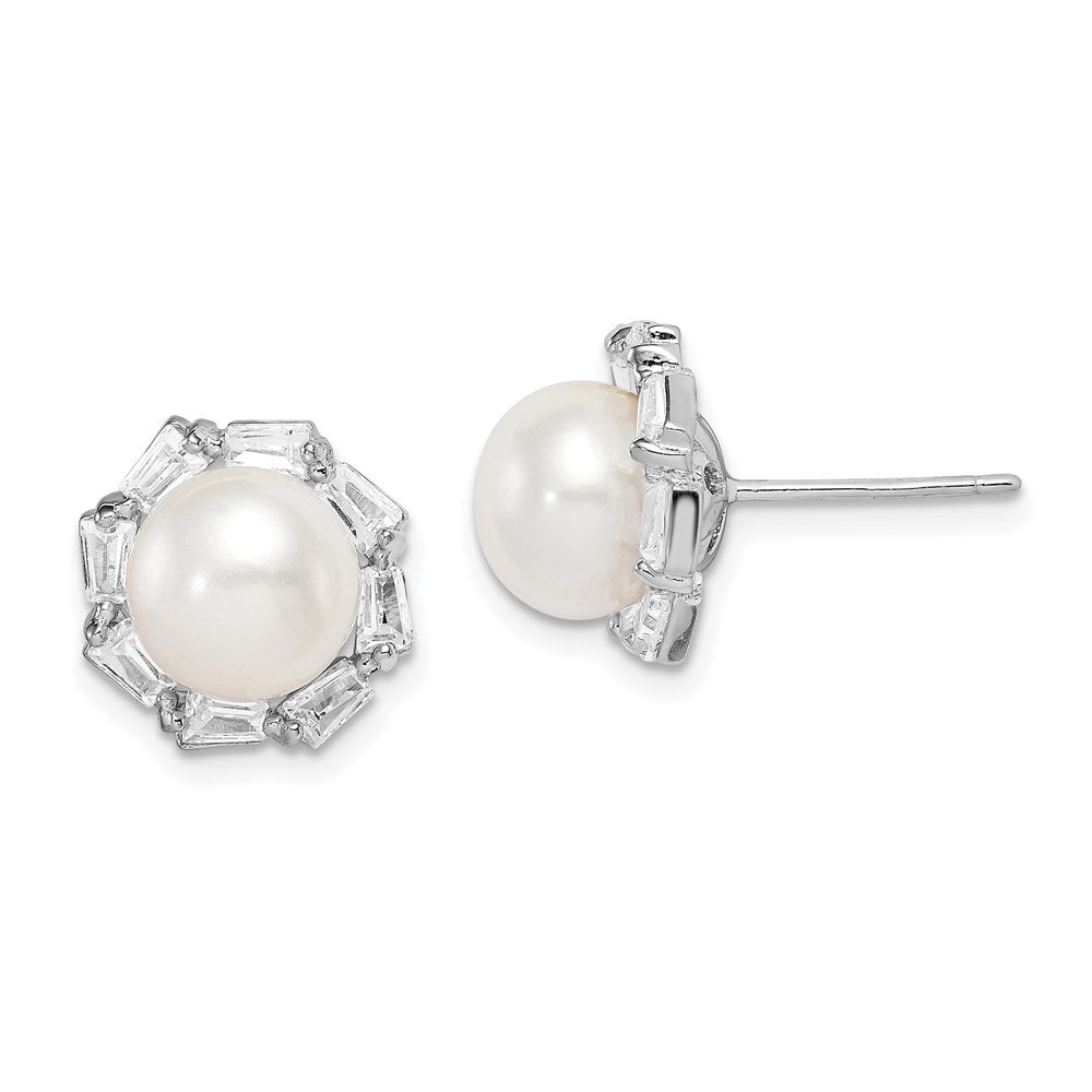 QE15267 Sterling Silver Rhodium-plated 8-9mm White Button Freshwater Cultured Pearl and CZ Post Earrings