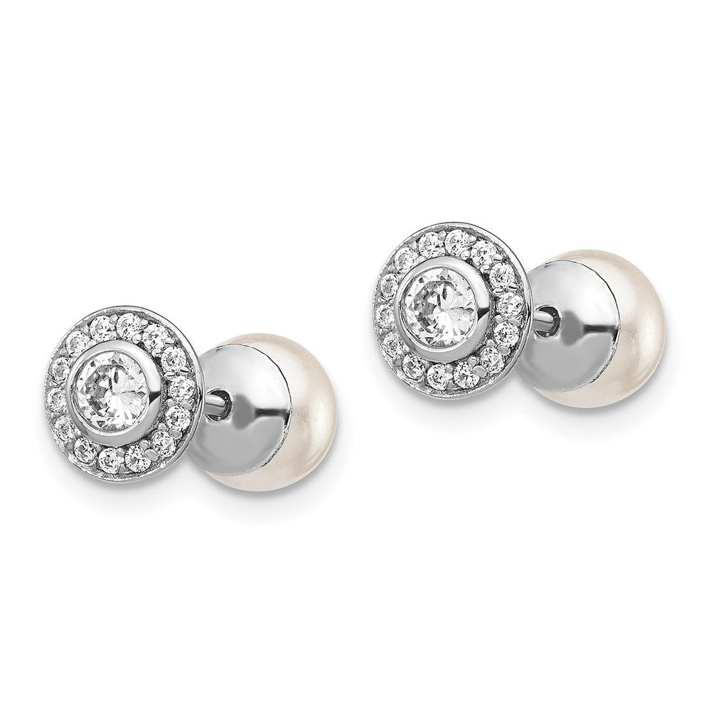 QE15272 Sterling Silver Rhodium-plated Polished White 5-6mm Mother of Pearl & CZ Halo Reversible Post Earrings