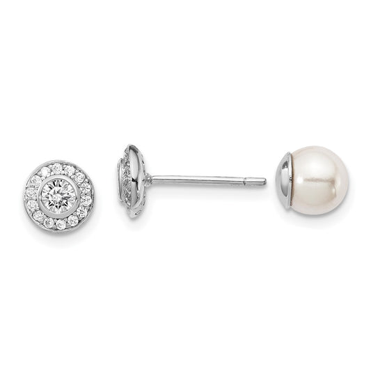 QE15272 Sterling Silver Rhodium-plated Polished White 5-6mm Mother of Pearl & CZ Halo Reversible Post Earrings