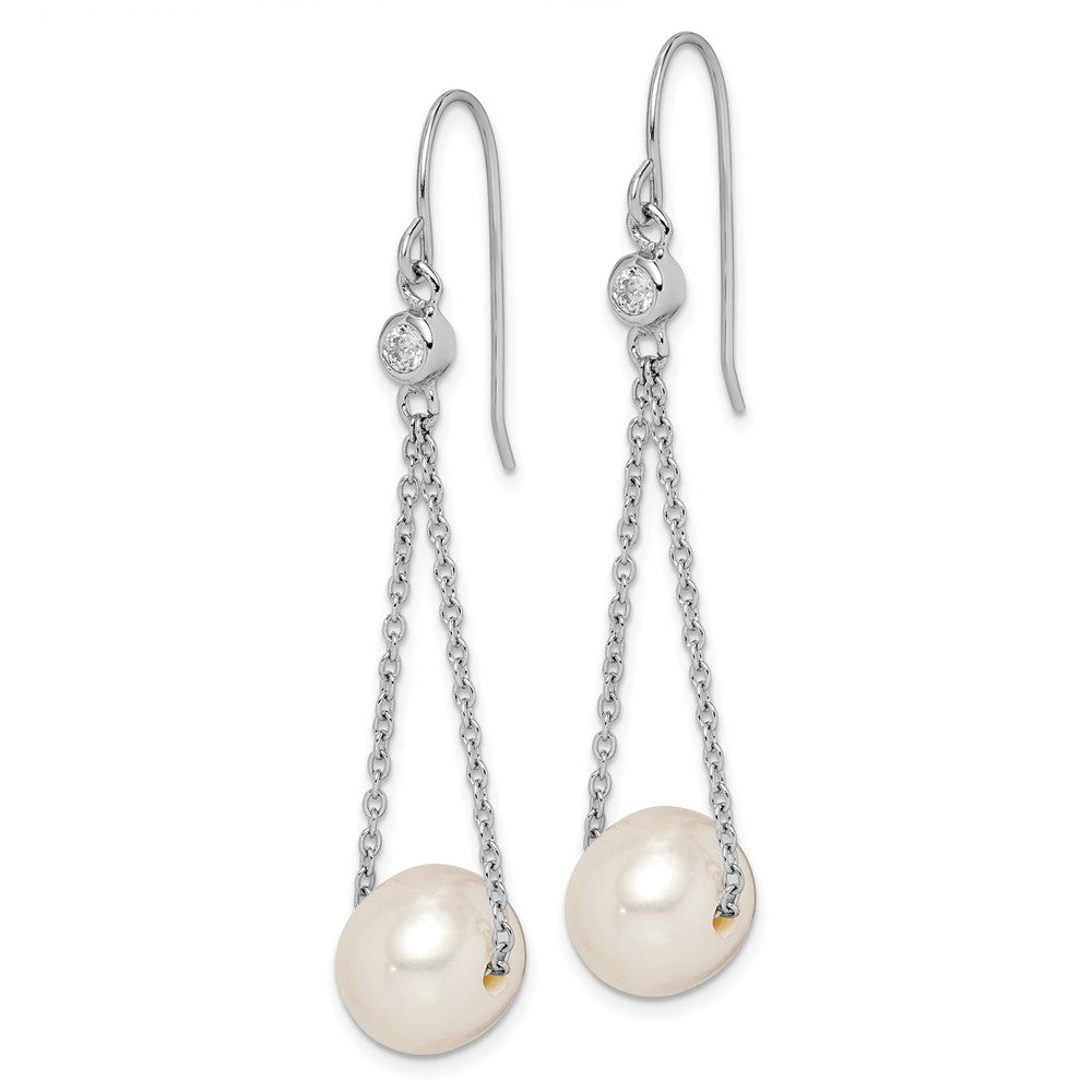 QE15293 Sterling Silver Rhodium-plated 9-10mm White Semi-Round Freshwater Cultured Pearl and CZ Dangle Earrings