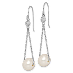 QE15293 Sterling Silver Rhodium-plated 9-10mm White Semi-Round Freshwater Cultured Pearl and CZ Dangle Earrings
