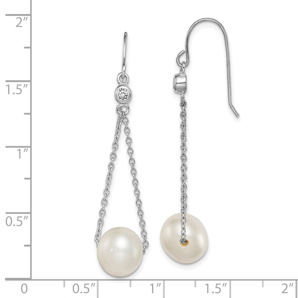 QE15293 Sterling Silver Rhodium-plated 9-10mm White Semi-Round Freshwater Cultured Pearl and CZ Dangle Earrings