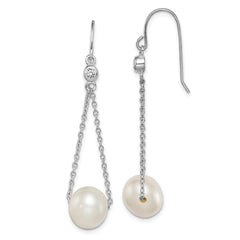 QE15293 Sterling Silver Rhodium-plated 9-10mm White Semi-Round Freshwater Cultured Pearl and CZ Dangle Earrings