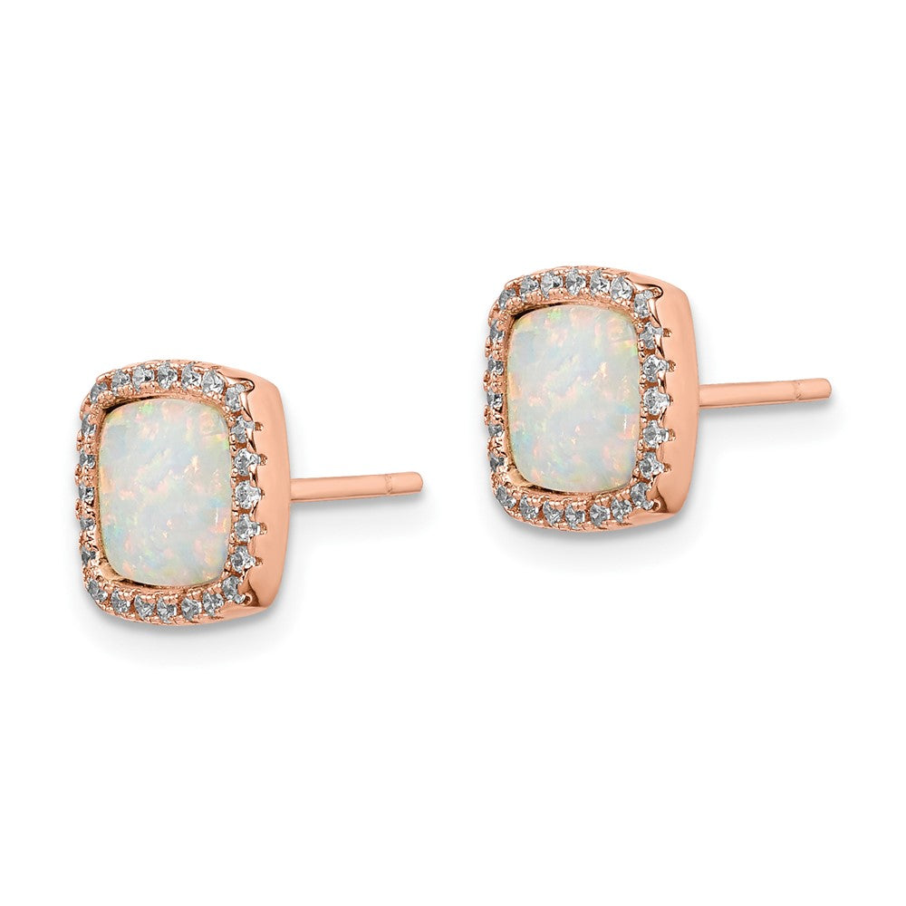 QE15295 Sterling Silver Rose-Tone Created Opal & CZ Square Halo Post Earrings
