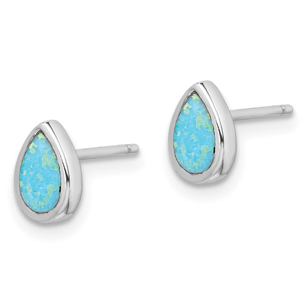 QE15303 Sterling Silver RH-pltd Polished Blue Created Opal Teardrop Stud Earrings