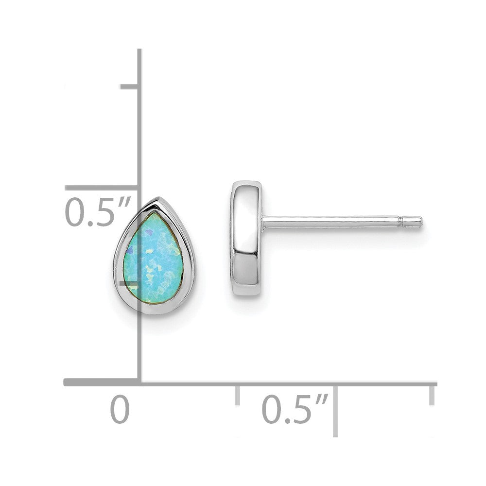 QE15303 Sterling Silver RH-pltd Polished Blue Created Opal Teardrop Stud Earrings